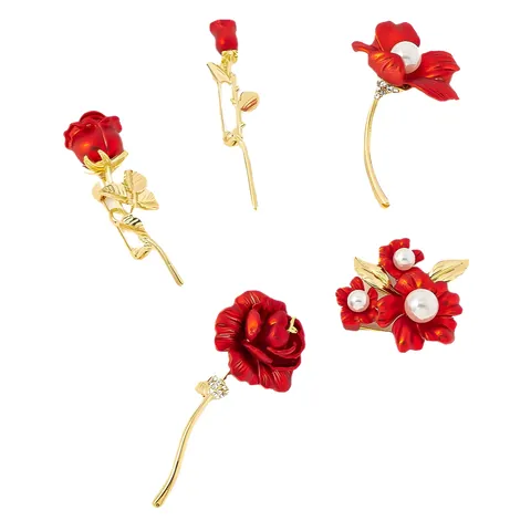 Elegant Red Rose Brooch For Women Alloy Rhinestone Artificial Pearl Floral Pin Exquisite Suit Accessory Banquet Jewelry Gift