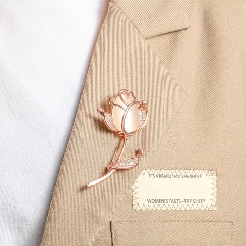 Vintage Rose Flower Brooch Pin with Artificial Cat Eye Stone and Rhinestone For Women Korean Style Rose Gold Lapel Pin
