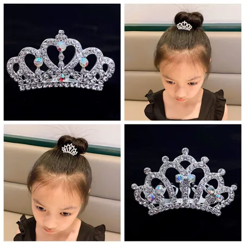 Kids Crown Hair Comb Tiara For Girls Birthday Party Performance Alloy Rhinestone Heart Hair Clip Silver Headwear Jewelry
