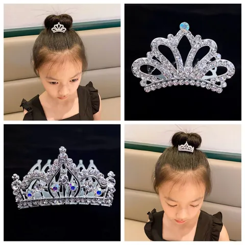 Kids Crown Hair Comb Tiara For Girls Birthday Party Performance Alloy Rhinestone Heart Hair Clip Silver Headwear Jewelry