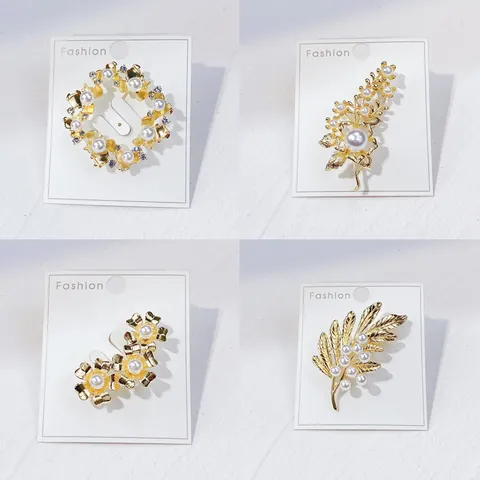 Vintage Goldene Legierung Künstliche Perlen Brosche Für Damen Elegante Strass Blume Blatt Pin Schmuck Zubehör