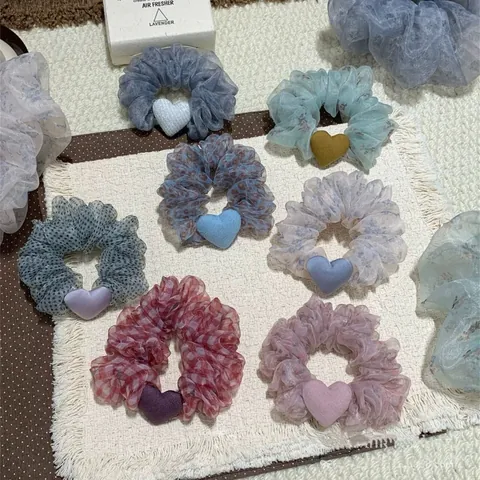 Summer Heart Series Floral Scrunchies French Vintage Organza Chiffon Hair Ties Elastic Ponytail Holders Leopard Print Plaid Hair Bands For Women