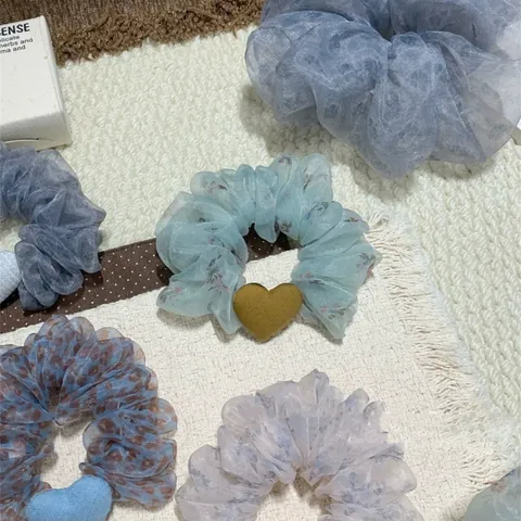 Summer Heart Series Floral Scrunchies French Vintage Organza Chiffon Hair Ties Elastic Ponytail Holders Leopard Print Plaid Hair Bands For Women