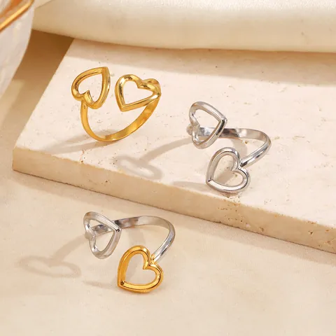 Minimalistischer Edelstahl Doppel Herz Hohl Offener Ring Für Damen Gold Silber Plattiert Mode Stapelbarer Herzform Fingerring Schmuck