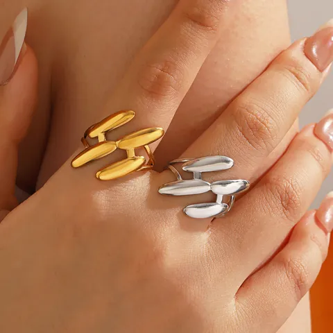 Minimalistischer Edelstahl Mehrschichtiger Ovaler Offener Ring Für Damen Modisch Galvanisierter Gold Silber Verstellbarer Ring