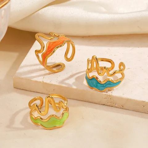 Mode Edelstahl Doppelschicht Welle Emaille Offener Ring Für Damen Verstellbar Vergoldet Kontrastfarbe Finger Schmuck Geschenk