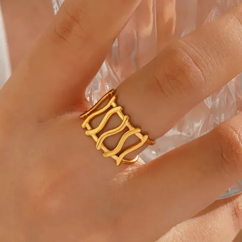 Mehrschichtig Wellen Hohl Edelstahl Ring Für Damen Westliche Mode Geometrisch Breitflächig Verstellbar Fingerring Schmuck Geschenk