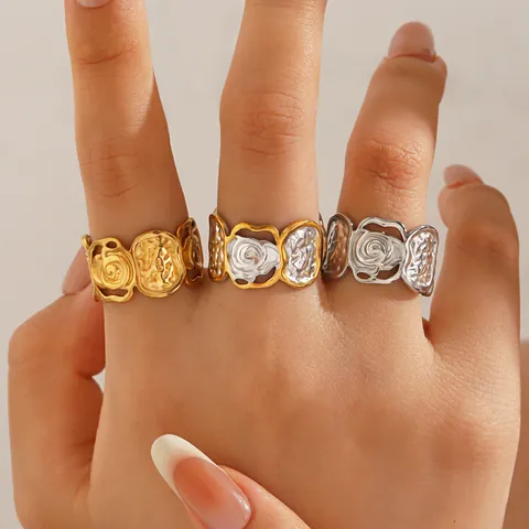 Vintage Edelstahl Rose Relief Offener Ring Für Damen Gehämmert Textur Gold Silber Plattiert Mode Schmuck Fingerring