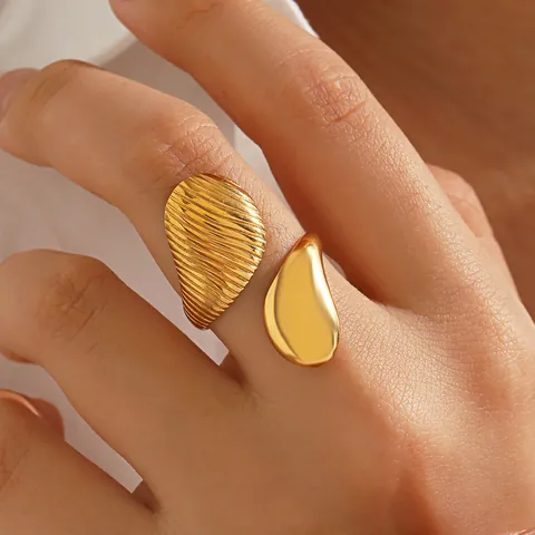 Damen Edelstahl Asymmetrischer Wassertropfen Offener Ring Texturierte Glatte Oberfläche Verstellbarer Mode Schmuck Gold Silber Fingerring