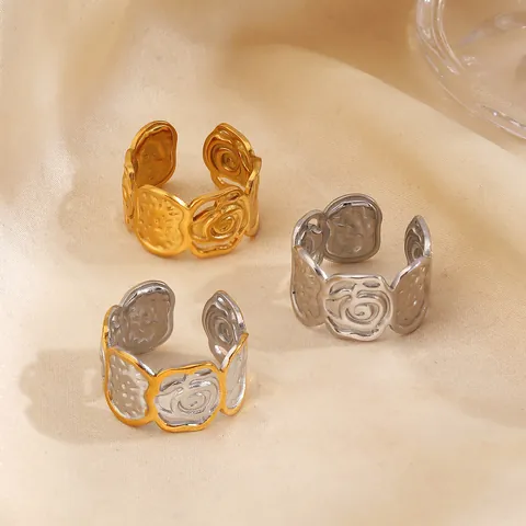Vintage Edelstahl Rose Relief Offener Ring Für Damen Gehämmert Textur Gold Silber Plattiert Mode Schmuck Fingerring