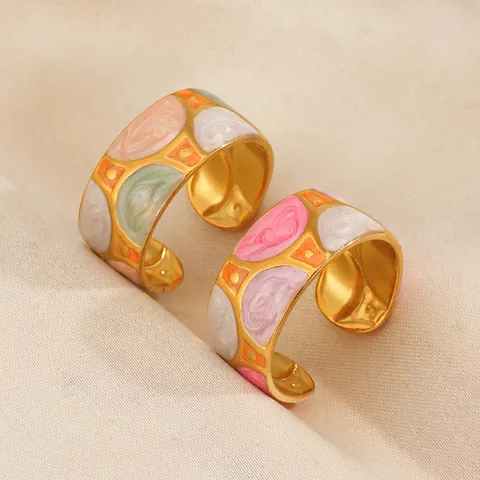 Französischer Vintage Edelstahl Emaille Geometrischer Breiter Offener Ring Für Damen Farblock Tropföl Vergoldeter Verstellbarer Bandring Schmuck