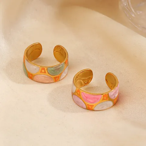 Französischer Vintage Edelstahl Emaille Geometrischer Breiter Offener Ring Für Damen Farblock Tropföl Vergoldeter Verstellbarer Bandring Schmuck