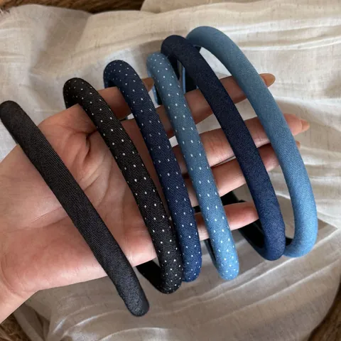 Retro Denim Blue Polka Dot Thin Headband For Women Vintage High Top Fashion Hair Accessory Handmade Fabric Hair Band