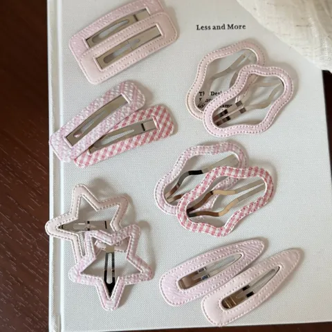 Pink Polka Dot Gingham Fabric Hair Clips For Women Girls Sweet Korean Style Leather Wrapped BB Clips Side Hairpins Geometric Star Cloud Shape Hair Accessories