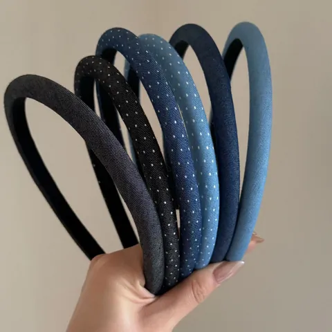 Retro Denim Blue Polka Dot Thin Headband For Women Vintage High Top Fashion Hair Accessory Handmade Fabric Hair Band