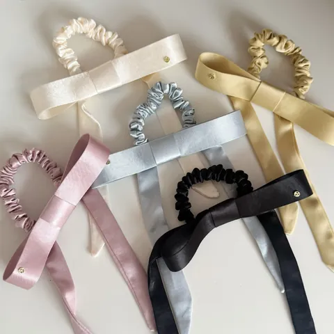 Elegante Satijn Strik Haarelastiek Lang Lint Franse Retro Effen Kleur Handgemaakte Haaraccessoires Voor Dames