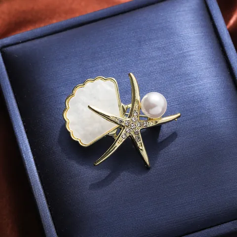 Spilla Vintage a Forma di Stella Marina e Conchiglia Oro per Donna Lusso Strass Perla Artificiale Tema Marino Gioielli