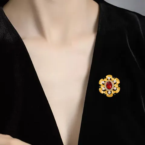 Vintage Barok Paleis Brosje Goud Legering Ovaal Rood Groen Edelsteen Kunstparel Strass Emaille Corsage Speld Vrouwen