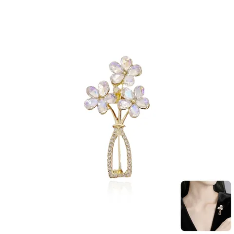 Exquisite Crystal Flower Vase Brooch Gold Plated Rhinestone Corsage For Women Vintage Fashion Suit Accessory Jewelry Gift