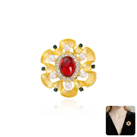 Vintage Barok Paleis Brosje Goud Legering Ovaal Rood Groen Edelsteen Kunstparel Strass Emaille Corsage Speld Vrouwen