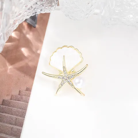 Spilla Vintage a Forma di Stella Marina e Conchiglia Oro per Donna Lusso Strass Perla Artificiale Tema Marino Gioielli