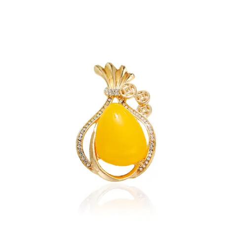 Elegant Alloy Lucky Bag Brooch For Women Gold Rhinestone Yellow Synthetic Resin Drop Pendant Exquisite Fashion Pin Brooch For Coat