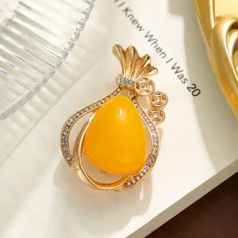 Elegant Alloy Lucky Bag Brooch For Women Gold Rhinestone Yellow Synthetic Resin Drop Pendant Exquisite Fashion Pin Brooch For Coat