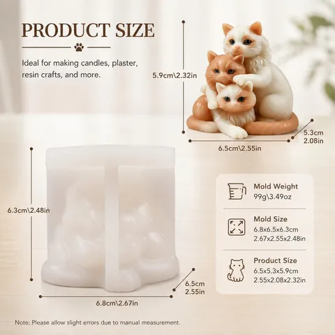 Moule en Silicone 3 Chatons s'Embrassant pour DIY Bougie Plâtre Résine Savon Artisanat Chat Animal Sculpture Ornement Outil Déco