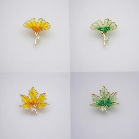 Elegant Alloy Ginkgo Maple Leaf Brooch Pin For Women Rhinestone Gradient Enamel Lapel Pin Fashion Jewelry Dress Scarf Accessory