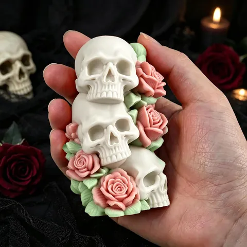 Stampo in Silicone con Teschio a Tre Livelli e Rosa per Candele di Halloween Gotico Aromaterapia Intonaco Resina Fai da Te Decorazione