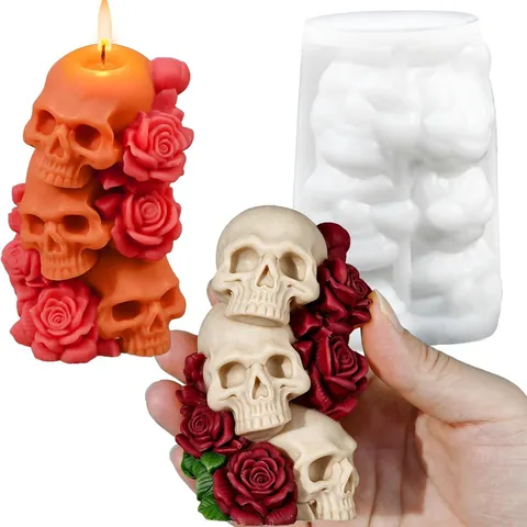 Stampo in Silicone con Teschio a Tre Livelli e Rosa per Candele di Halloween Gotico Aromaterapia Intonaco Resina Fai da Te Decorazione