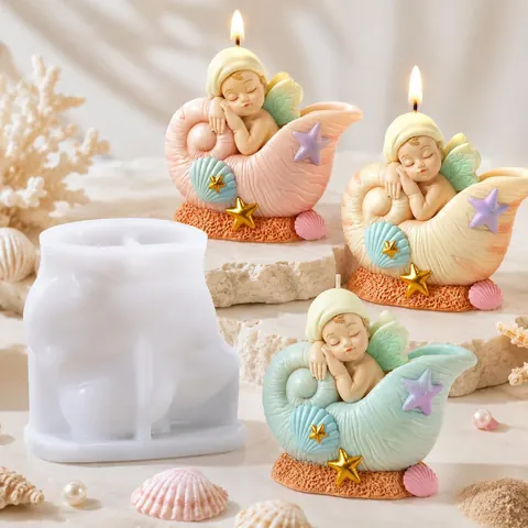 Stampo in Silicone Angelo Bimbo Elfo in Conchiglia per Candele Fai da Te Resina Gesso Artigianato Stampo Sapone Decorazione Torte