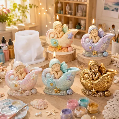 Stampo in Silicone Angelo Bimbo Elfo in Conchiglia per Candele Fai da Te Resina Gesso Artigianato Stampo Sapone Decorazione Torte