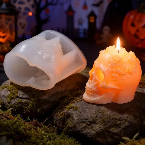 Rose Wreath Skull Silicone Mold For Halloween Decoration DIY Aromatherapy Candle Plaster Ornament Gothic Flower Skull Mold