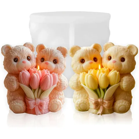 3D Bär Hält Tulpe Silikonform Für DIY Aromatherapie Kerze Gips Harz Seife Handwerk Geschenk Bär Silikonform