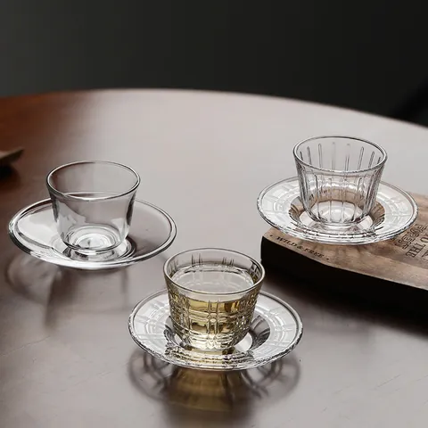 Heat Resistant Transparent Glass Tea Cup Relief Kung Fu Tea Cup Miniature Glass Bowl Retro Embossed Teaware For Home Office