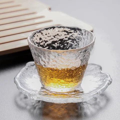 Tasse à Thé en Verre Martelée Style Japonais Bord Doré Rosée de Glace Cristal Clair Avec Dessous de Verre Maison Bureau