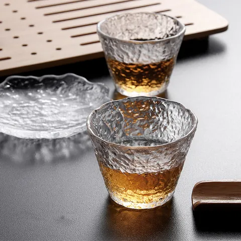 Tasse à Thé en Verre Martelée Style Japonais Bord Doré Rosée de Glace Cristal Clair Avec Dessous de Verre Maison Bureau