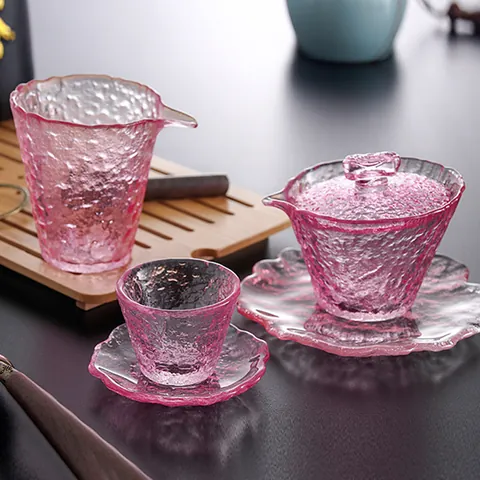 Servicio de Té de Cristal Rosa Degradado Resistente al Calor Textura Martillada Rocío de Hielo Gaiwan Fair Cup Taza de Té
