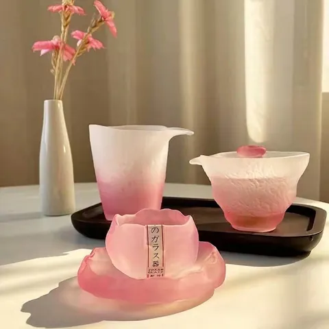 Frosted Gradient Glass Tea Set Pink Green Guochao Style Gaiwan Fair Cup Tea Cup Chinese Kung Fu Teaware Home Office Decoration