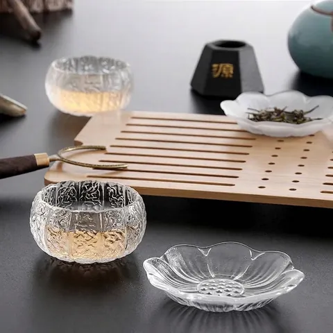 Chinese Style Glass Tea Cup Set Frosted Transparent Pumpkin Texture Kung Fu Tea Cup Petal Saucer Glassware Small Tasting Cup