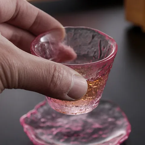 Servicio de Té de Cristal Rosa Degradado Resistente al Calor Textura Martillada Rocío de Hielo Gaiwan Fair Cup Taza de Té