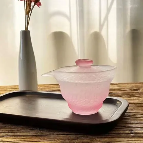 Frosted Gradient Glass Tea Set Pink Green Guochao Style Gaiwan Fair Cup Tea Cup Chinese Kung Fu Teaware Home Office Decoration