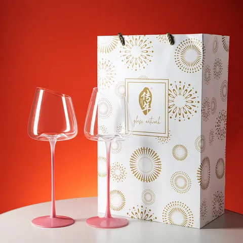 Elegant Pink Stem Slanted Mouth Glass Wine Glass Bordeaux Goblet Crystal Quality Gift Box Set For Bar Wedding Party Home