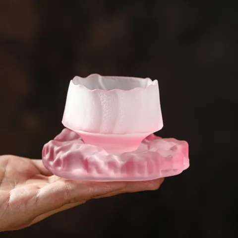 Heat Resistant Glass Tea Cup Saucer Set Hammered Frosted Texture Pink Chinese Style Kung Fu Tea Cup Set For Home Office
