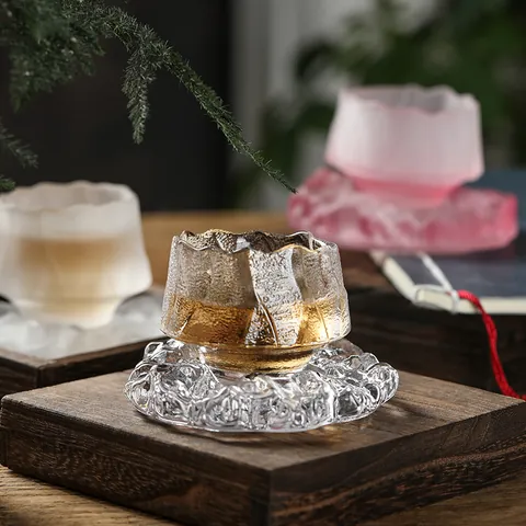 Heat Resistant Glass Tea Cup Saucer Set Hammered Frosted Texture Pink Chinese Style Kung Fu Tea Cup Set For Home Office