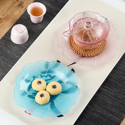 Lotusblütenblatt Glas Teesnack Teller Transparent Rosa Grün Blau Bernstein Dessert Obst Serviertablett Zen Stil Dekor