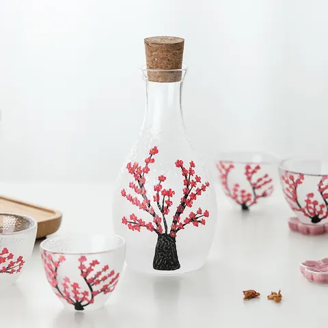 Japanischer Stil Kirschblütenmuster Mattglas Sake Kollektion Gehämmerte Textur Gläser Mit Sake Kanne Kühler Becher Für Home Party Geschenk