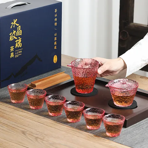 Set da Tè in Vetro Senza Piombo Resistente al Calore Stile Giapponese Motivo Martellato Bordo Dorato Gaiwan Justice Cup e Tazzine da Tè per Casa Ufficio Regalo