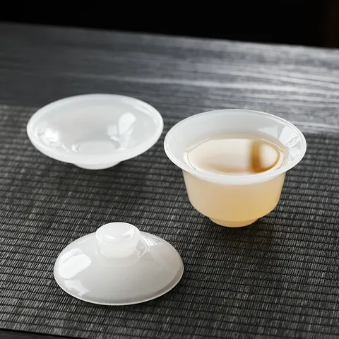 Modern White Jade Look Glass Kung Fu Tea Set Heat Resistant Gaiwan Tea Cups Pitcher Chinese Style Office Home Gift Set